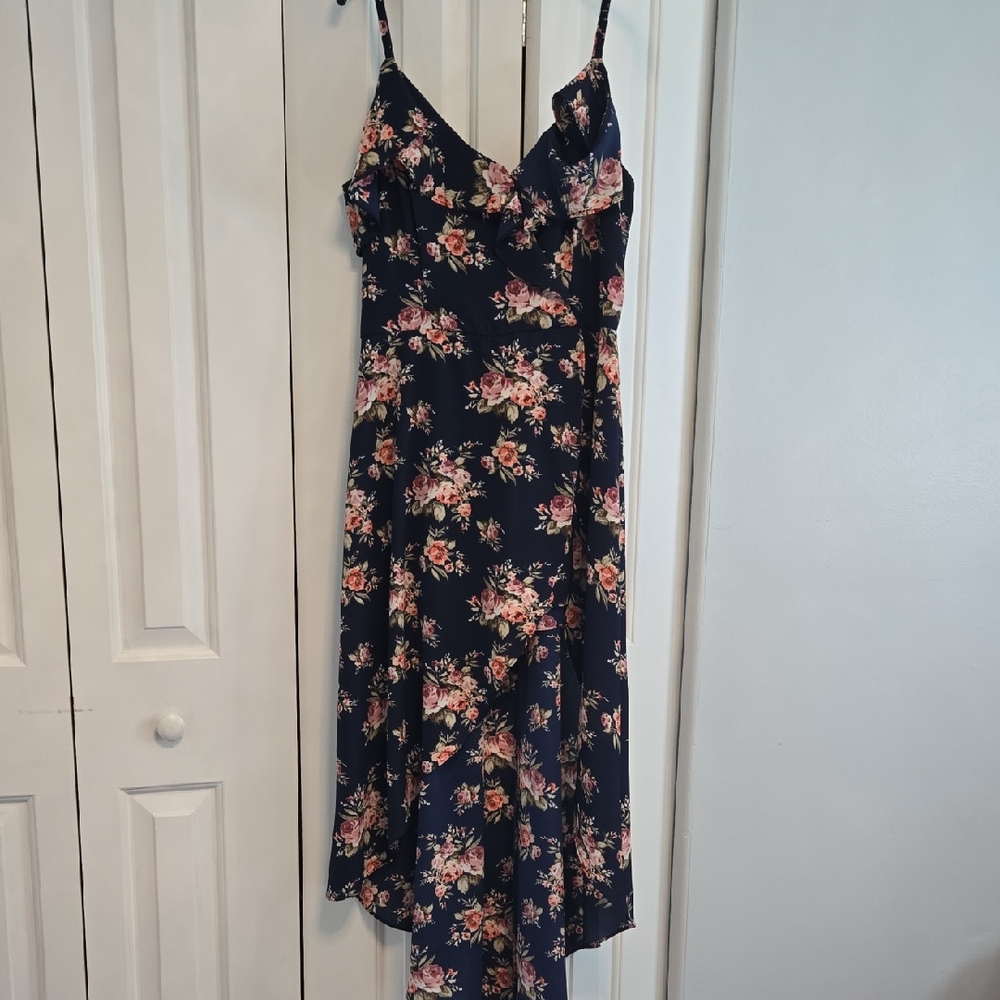 Iz Byer Navy Floral High Low Dress